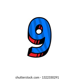 Figure 9 in cartoon style. Vector. Dark blue linear, contour figures with blue fill. Bright thick Arabic numerals. Bulk numbers. Patterned fill.