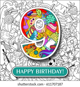Figure 9 on the background. banner "Happy Birthday". vector illustration.