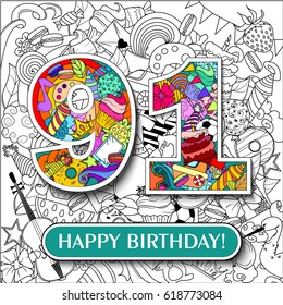 Figure 91 on the background. banner "Happy Birthday". vector illustration.