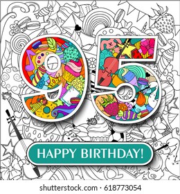 Figure 95 on the background. banner "Happy Birthday". vector illustration.