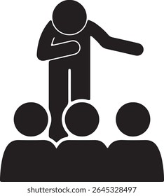 A figure addresses an audience.
