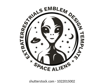The figure of an alien on the chest in a circle against the background of the starry cosmic sky and flying through the UFO - emblem, vector illustration, print, sticker set on a white background.