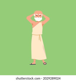 Figure of ancient greek or roman scientist, philosopher or thinker in toga and sandals. Thinking man holding his head. Flat cartoon vector illustration.
