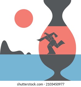 figure from an ancient Greek vase runs to dive into the sea in a summer day