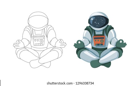 Figure of the astronaut sitting in Buddha pose. Meditation in space. Cartoon flat color drawing isolated on a white background. Coloring book page design for kids and children vector illustration