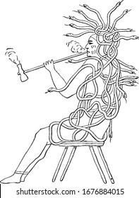 Figure of Atotarho also known as Tadodaho was chief of the Onondagas and mighty magician stands with his hair of writhing snakes, vintage line drawing or engraving illustration.