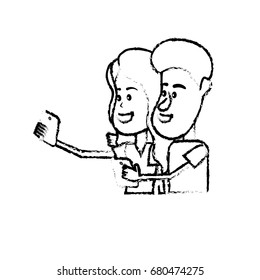 figure beauty couple with hairstyle and smartphone in the hand