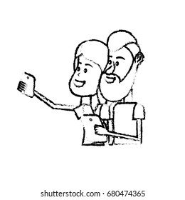 figure beauty couple with hairstyle and smartphone in the hand