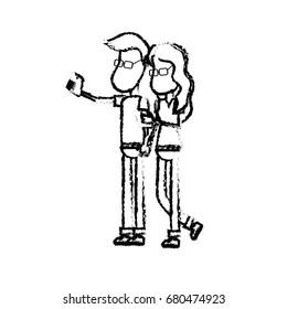 figure beauty couple with hairstyle and smartphone in the hand