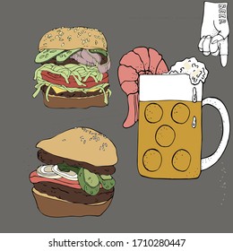 figure beer and burgers for retro cafe or restaurant menu,poster.vector illustration.