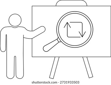Figura ao lado de um quadro de comunicações apresentando setas sob uma lente de aumento