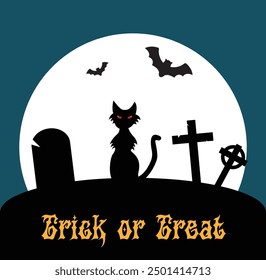 Figure of a Black Cat and Bats in Halloween Graveyard in Moonlight. Seasonal national holiday concept vector