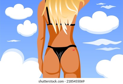 The figure of a blonde girl stands with her back to the viewer. The body is in a black bikini swimsuit. blue sky and clouds on the background. Summer, beach