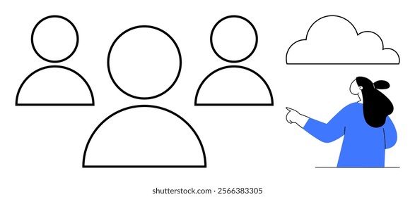 A figure in blue presents to three simple outlined figures and a cloud. Ideal for teamwork, presentations, cloud computing, collaboration, and online data storage. Minimalist, modern, vector