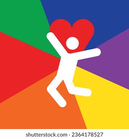 A figure of a bouncing man on the background of a heart and an LGBT flag. Vector graphics in support of the community. Use as a poster, drawing, banner, icon