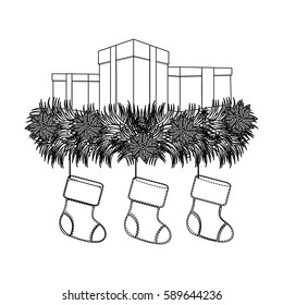 figure boxes with fir and christmas boots icon, vector illustraction design