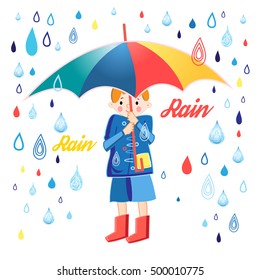 Figure boy under an umbrella on a white background with rain drops