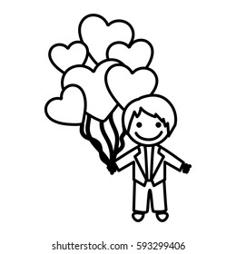 figure bridegroom with red heart balloons in his hand, vector illustraction
