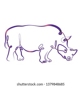 Figure brush contour.Art drawing ink contour brush. Continuous single one line hand drawing hand rhinoceros rhino.Gradient color line ribbon