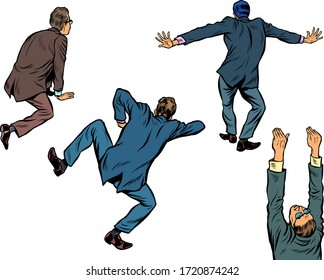 Figure businessman climbs over the wall. Pop art retro vector illustration kitsch vintage 50s 60s style