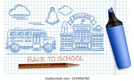 Figure by marker on a notebook sheet. School bus goes to school. School design. Back to school. Vector illustration