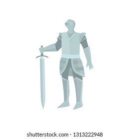 The figure of the calm knight in gray armor with sword in the left hand on a white background