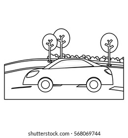 Figure car in the road with trees icon, vector illustration