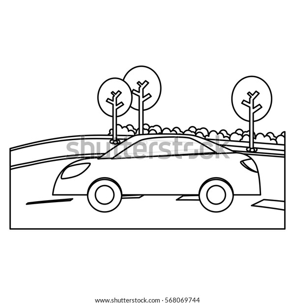 Figure car in the road with trees icon,\
vector illustration