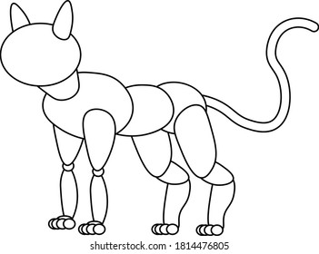 Figure of a cat. Vector silhouette of a cat made of lines and circles on a white isolated background.