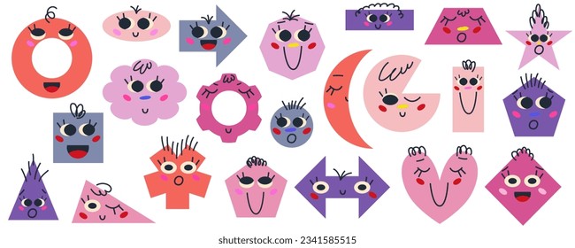 Figure character shape set for math education. Cute smile character geometric for child learn. Figure math with emoji face for kindergarten game. Vector cartoon illustration design.