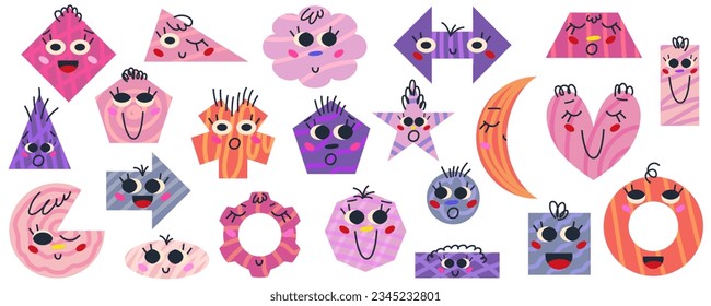 Figure character shape set for math education. Cute smile character geometric for child learn. Figure math with emoji face for kindergarten game. Vector cartoon illustration design.