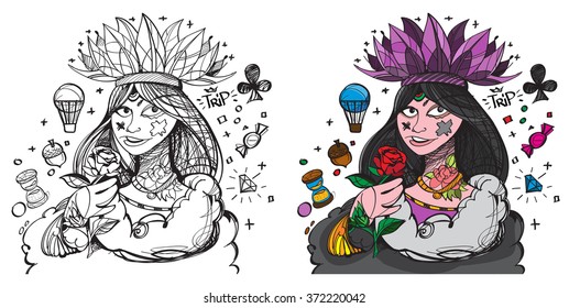 Figure character. Young lady with a symbol of clubs suit. Queen of the deck of playing cards.