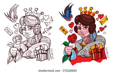 Figure character. The young lady with the symbol of hearts suit. Queen of the deck of playing cards.