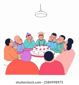 Figure Characters gathered around a cake, clapping for their mother.