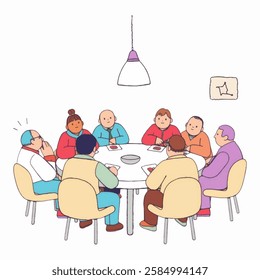 Figure Characters gathered around a table, discussing community concerns and government policies.