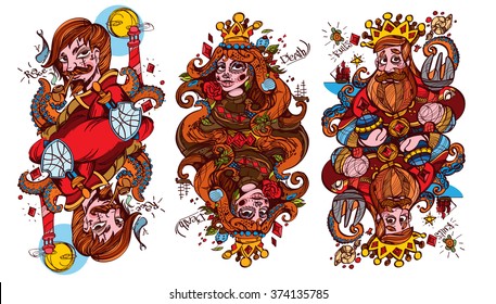 Figure characters. King, queen and jack of diamonds suit. Playing cards.