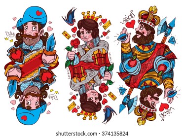 Figure characters. King, Queen and Jack of hearts suit. Playing cards.