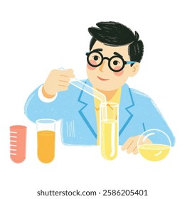 Figure Characters in lab coats conducting experiments with test tubes. Figure Characters doing medical research.
