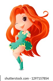 Figure Chibi girl with red long hair in a turquoise dress with yellow cuffs and turquoise boots.