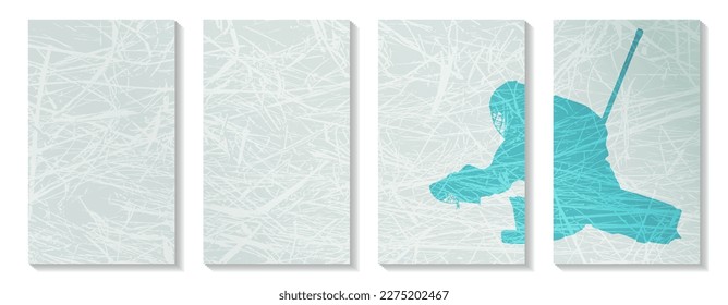 The figure of a child hockey goalkeeper.Trendy set of minimalistic hockey covers. Minimal sports wall art.