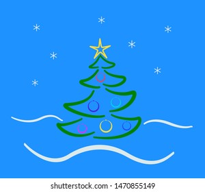 Figure Christmas tree among the falling snow on a blue background. Vector.