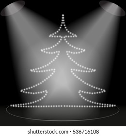 The figure of the Christmas tree with spotlights on a black background, Christmas in the spotlight. EPS10 vector format.