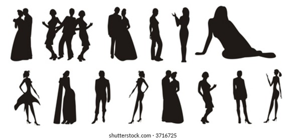 The figure containing of some silhouettes of men and women in different poses. The image is executed by black color on a white background