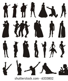 The figure containing of some silhouettes of men and women in different poses. The image is executed by black color on a white background