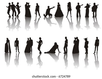The figure containing of some silhouettes with shadow of men and women in different poses. The image is executed by black color on a white background