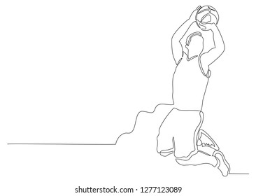 Figure continuous line of basketball player with the ball in his hands in jump. Place. Concept for diploma, logo.