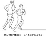 
Figure continuous line group of couple man and woman jogging. Concept fitness club, healthy lifestyle, lazy athletics. Logo