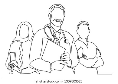 Figure continuous line. A group of people of doctors, three. Standing brave call.