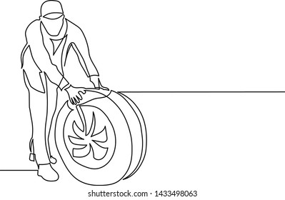 
Figure continuous line male auto repair shop employee with a car wheel. Concept car service, tire, auto repair
