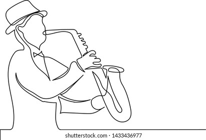 Figure continuous line of a man in a hat playing the saxophone. The concept of jazz music, concert, tickets to the event and music.